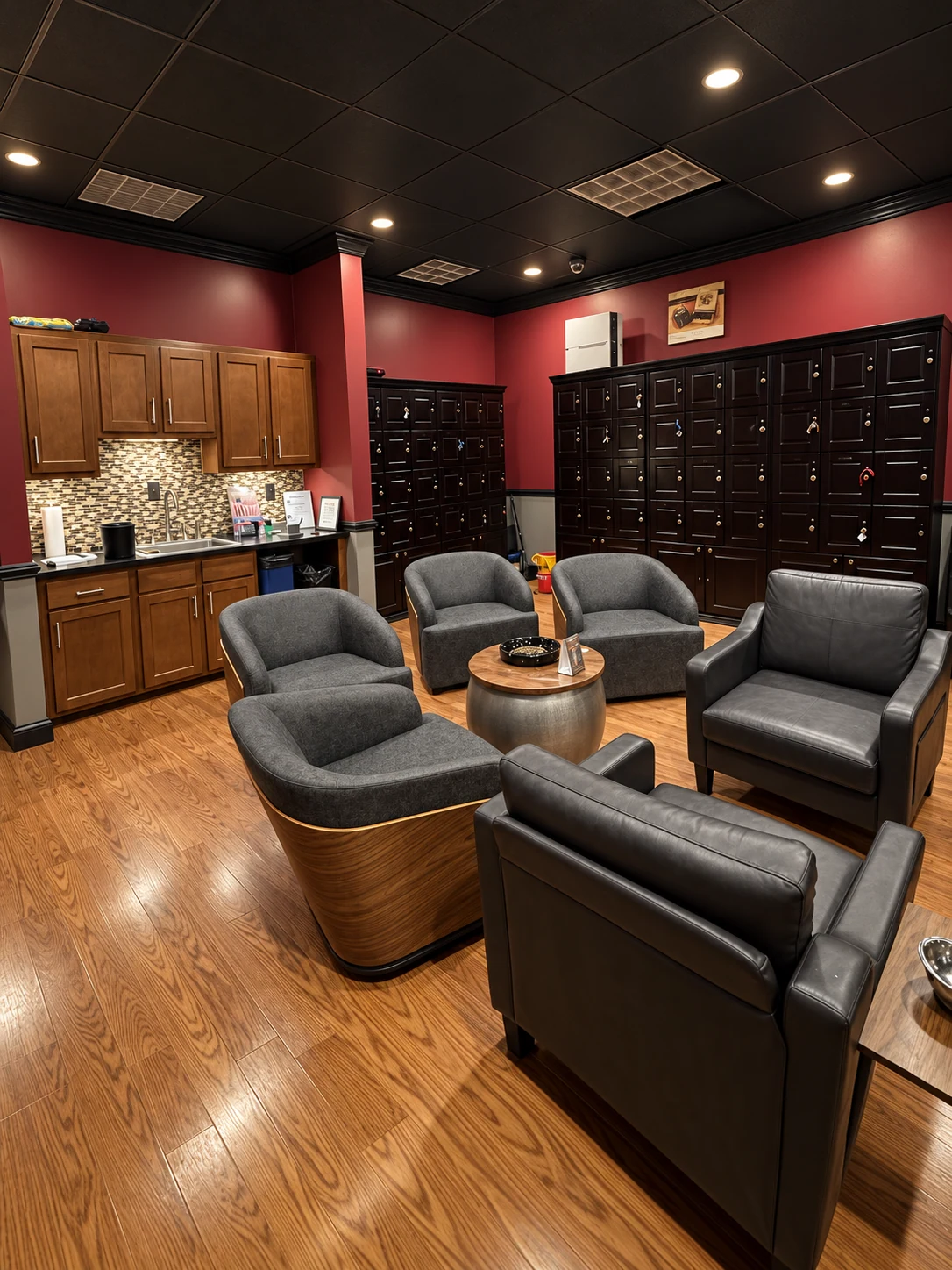 Comfortable seating and private cigar lockers in the Empire members lounge
